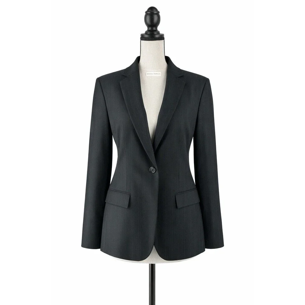 Banana Republic Italy Vintage Women’s Black Striped Wool Blend Blazer‎ Jacket 14